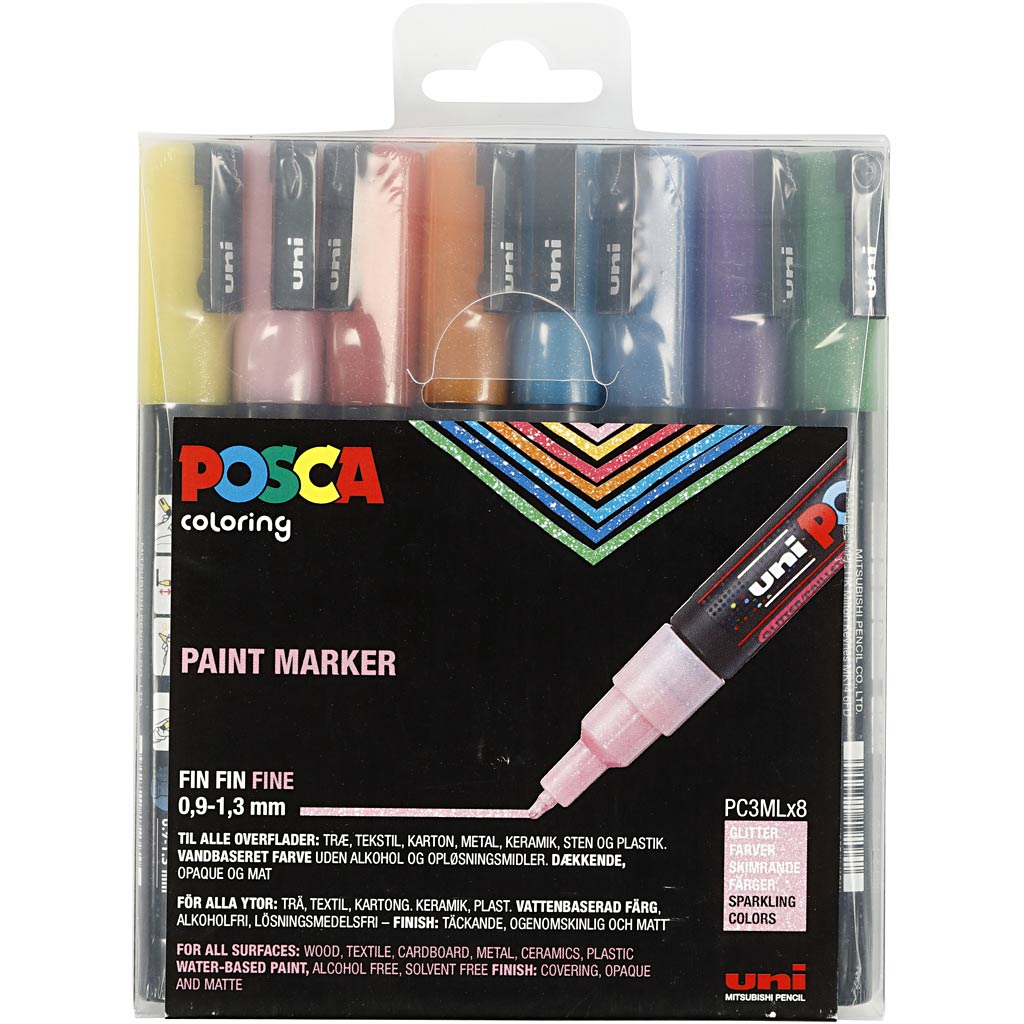 Marqueur Uni-posca posca, taille pc-3ml, largeur de trait 0,9-1,3 mm, couleurs pailletées, 8 pièces 1 boîte