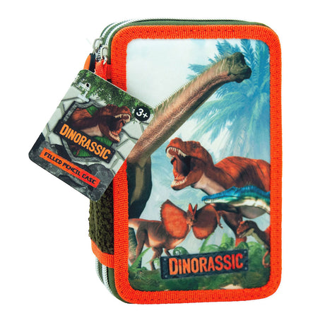 Toy land trousse remplie de dinosaures - trousse à stylos 2 compartiments - 20 pièces - vert