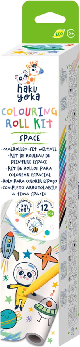Haku yoka : kit rouleau de couleur espace 30x300cm, comprenant 12 crayons spirales, détachables et autocollants, en cire d'abeille (10%), en boîte 6,5x6,5x35cm, 3+
