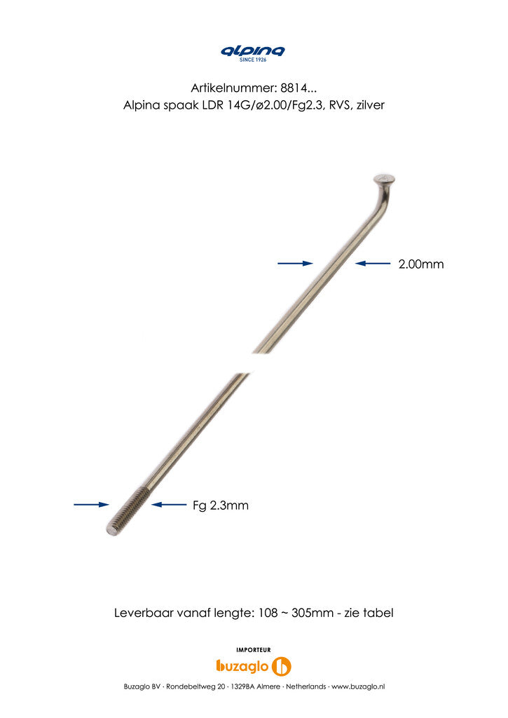 Alpina Spaak 14x296 stainless steel per grus without nipples