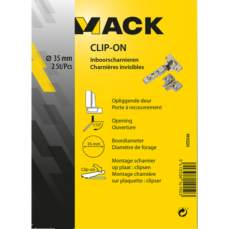 Mack 1015224 - 2 inboorscharnieren clip on 35mm 110° opliggende deur | 10 stuks