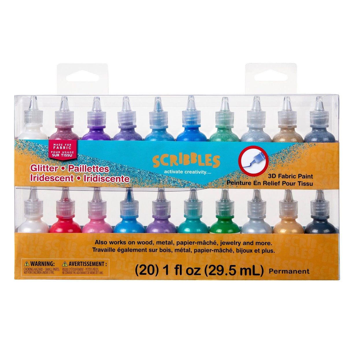 Scribbles • Set de peinture textile 3D 29,5 ml arc-en-ciel pailleté 20 pièces