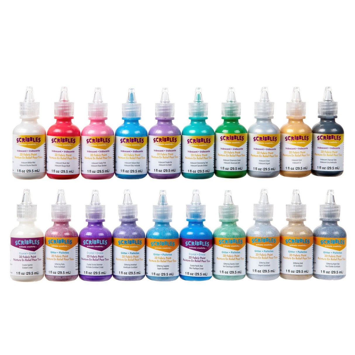 Scribbles • Set de peinture textile 3D 29,5 ml arc-en-ciel pailleté 20 pièces