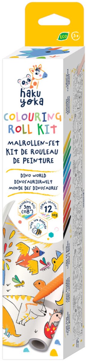 Haku yoka : kit de rouleaux de coloriage monde des dinosaures 30x300cm, comprenant 12 crayons de cire en forme de spirale, détachables et autocollants, contient 10% de cire d'abeille, en boîte 6,5x6,5x35cm, 3+