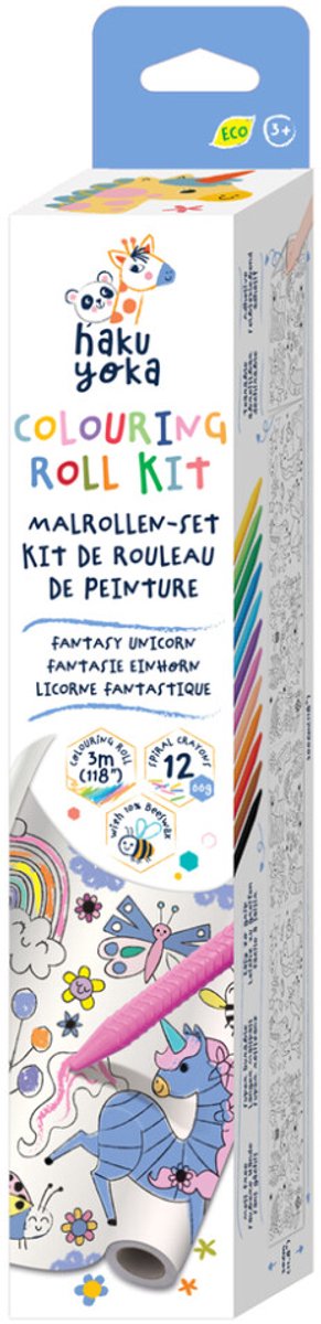 Haku yoka : kit de rouleaux de coloriage licorne 30x300cm, comprenant 12 crayons de cire en forme de spirale, détachables et autocollants, contient 10% de cire d'abeille, en boîte 6,5x6,5x35cm, 3+