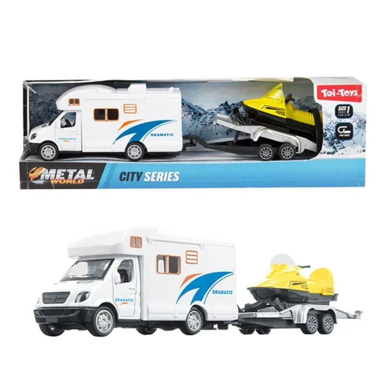 Camping-car rétractable en métal Toi-toys avec remorque et motoneige