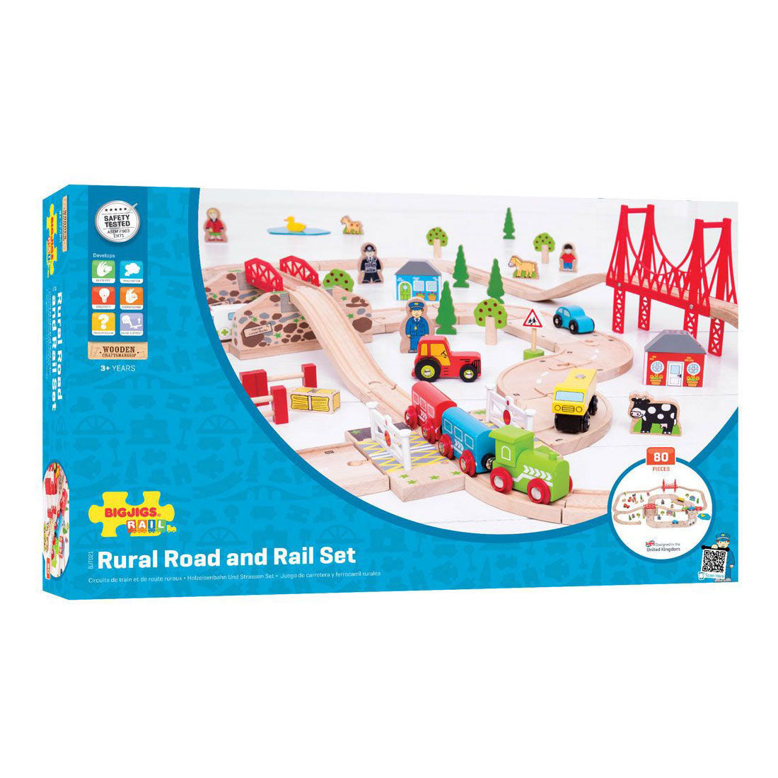 Bigjigs Wooden Road und BAUS -SET -Landschaft, 80dlg.