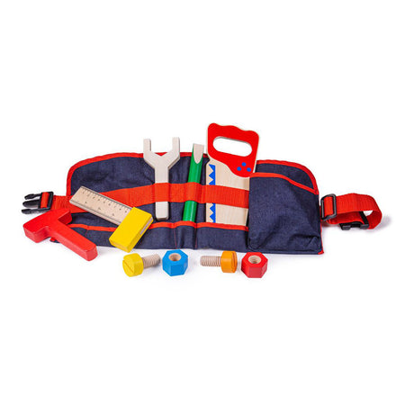 Bigjigs toys ceinture à outils rouge avec outils en bois - bigjigs - avec fermeture à clip - 10 pièces