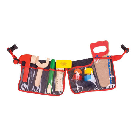 Bigjigs toys ceinture à outils rouge avec outils en bois - bigjigs - avec fermeture à clip - 10 pièces