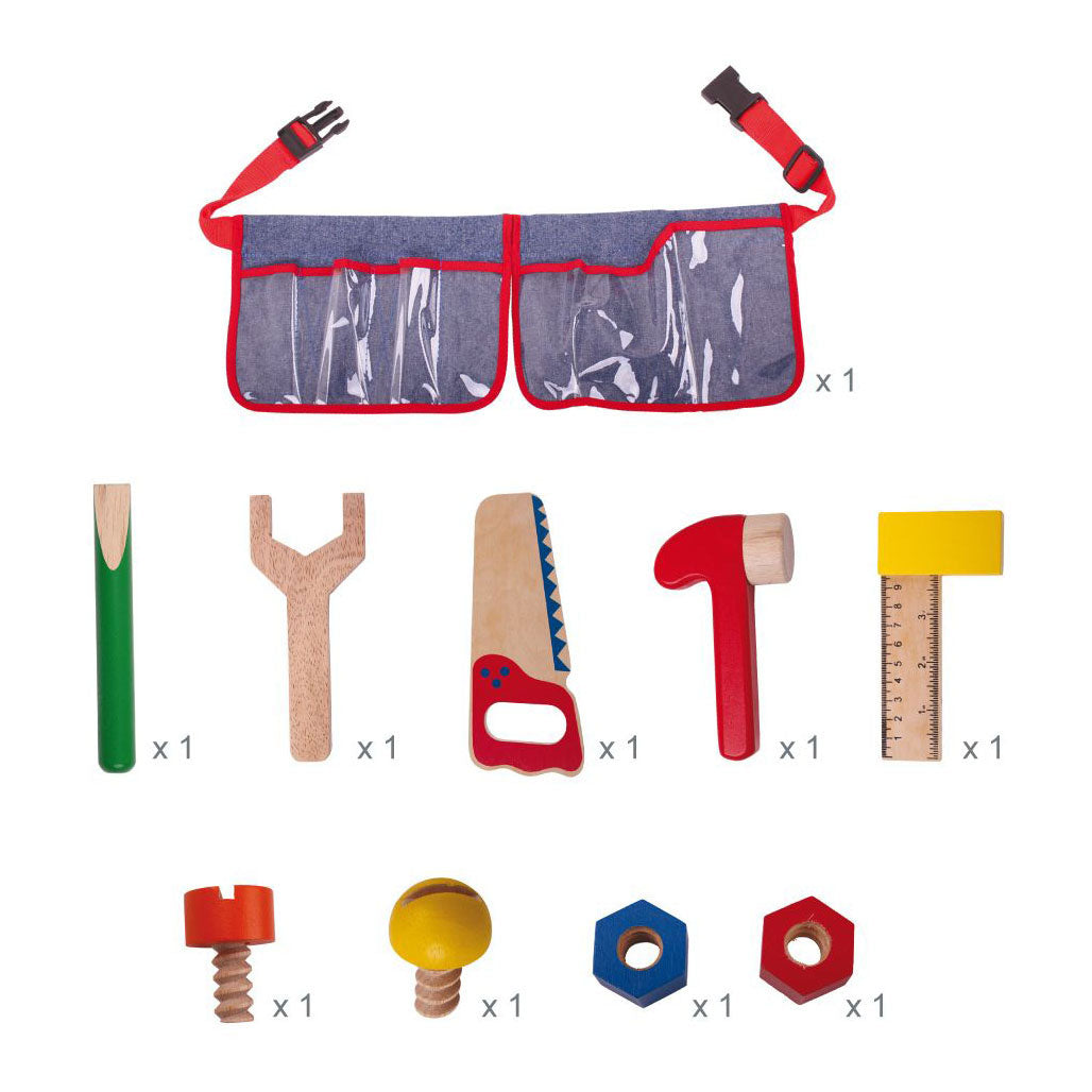 Bigjigs toys ceinture à outils rouge avec outils en bois - bigjigs - avec fermeture à clip - 10 pièces