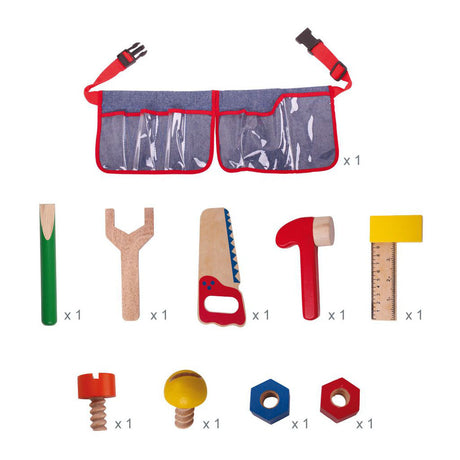 Bigjigs toys ceinture à outils rouge avec outils en bois - bigjigs - avec fermeture à clip - 10 pièces