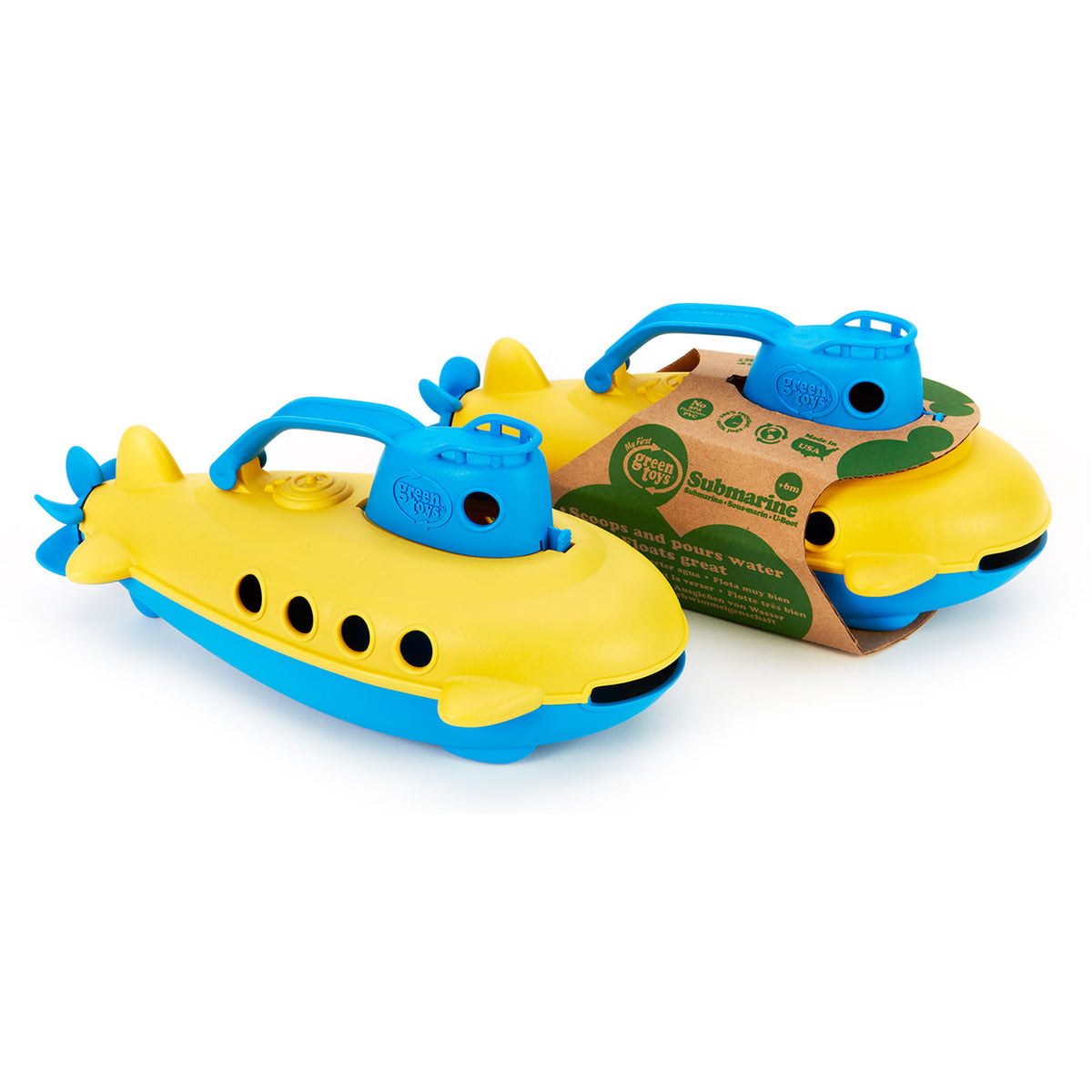 Sous-marin vert jouets jaune avec poignée bleue -