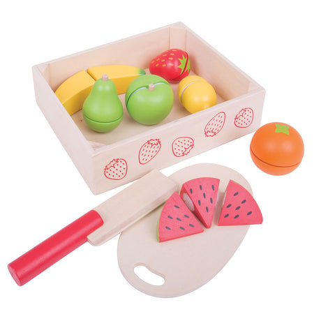 Bigjigs toys boîte en bois avec fruits et Velcro - avec couteau et planche - bigjigs - 18 pièces