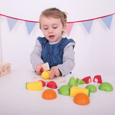 Bigjigs toys boîte en bois avec fruits et Velcro - avec couteau et planche - bigjigs - 18 pièces