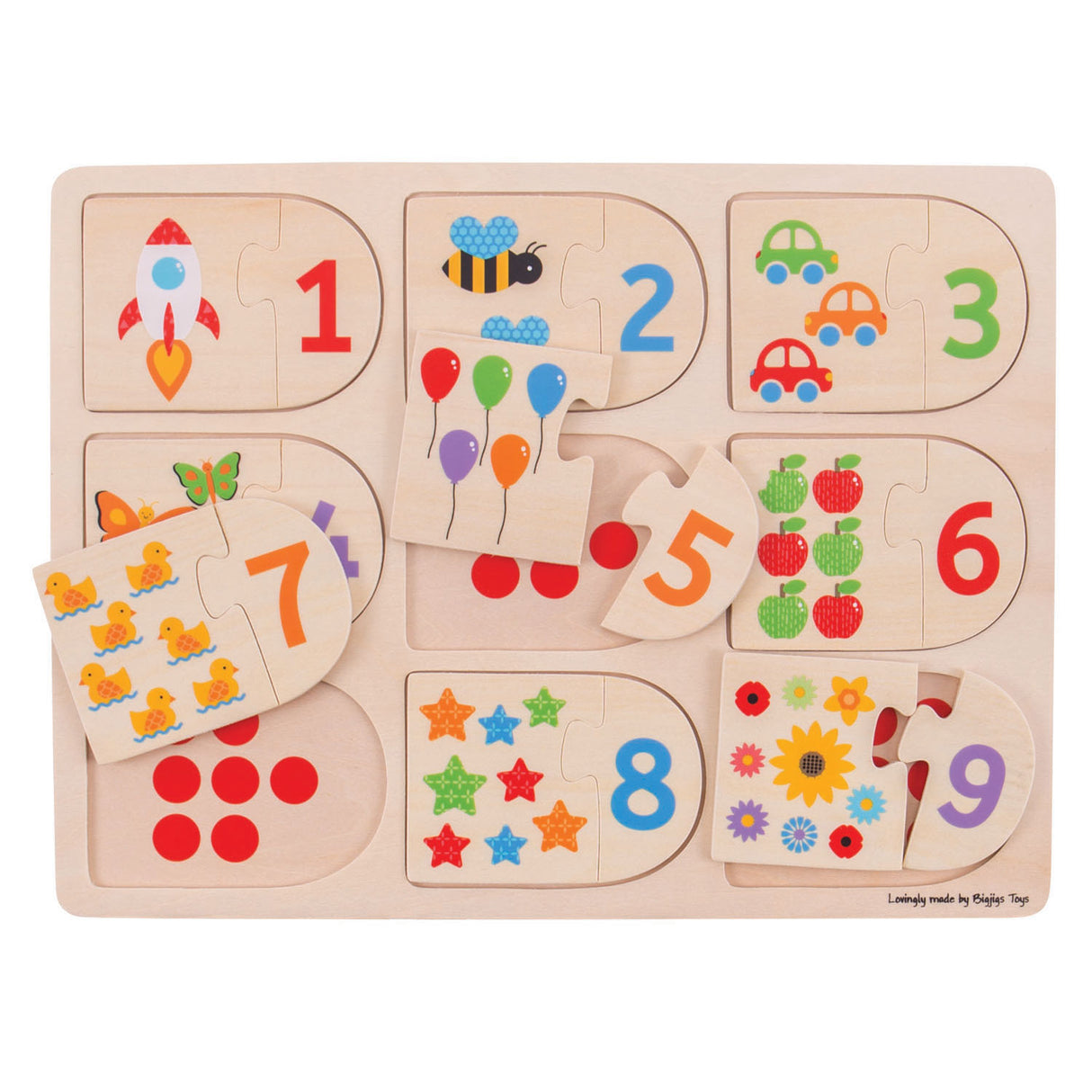 Bigjigs jouets bigjigs numéros de puzzle d'apprentissage en bois, 18 pièces.
