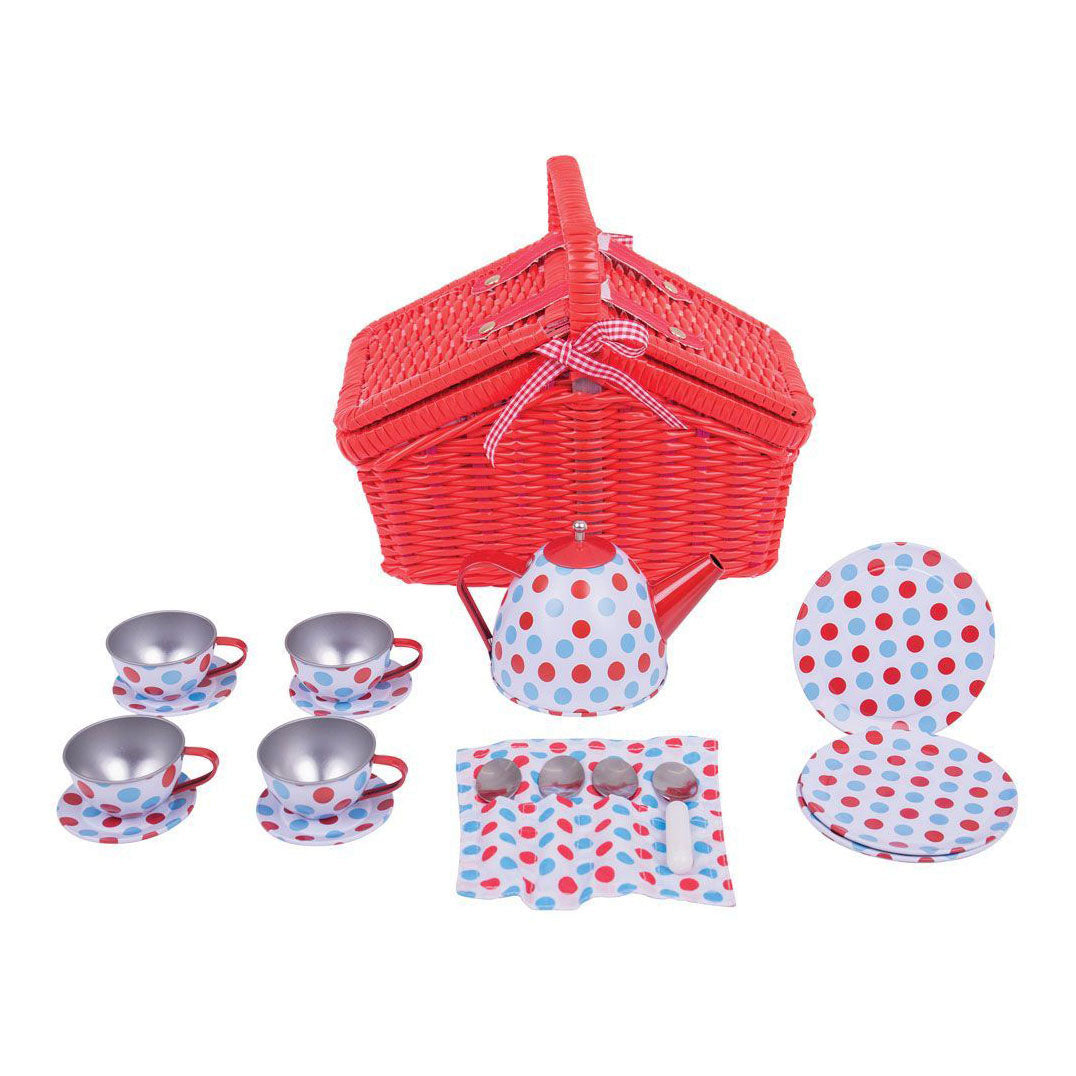 Service à thé Bigjigs dans un panier de rangement rouge