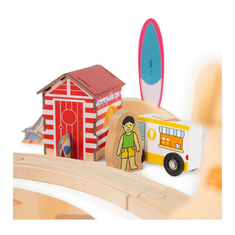 Coffret de train en bois Bigjigs nettoyant la côte maritime, 70 pièces.