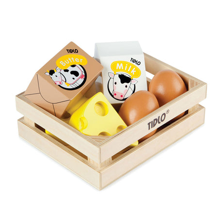 Oeufs en bois Tidlo et lait dans une cagette