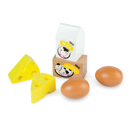 Oeufs en bois Tidlo et lait dans une cagette