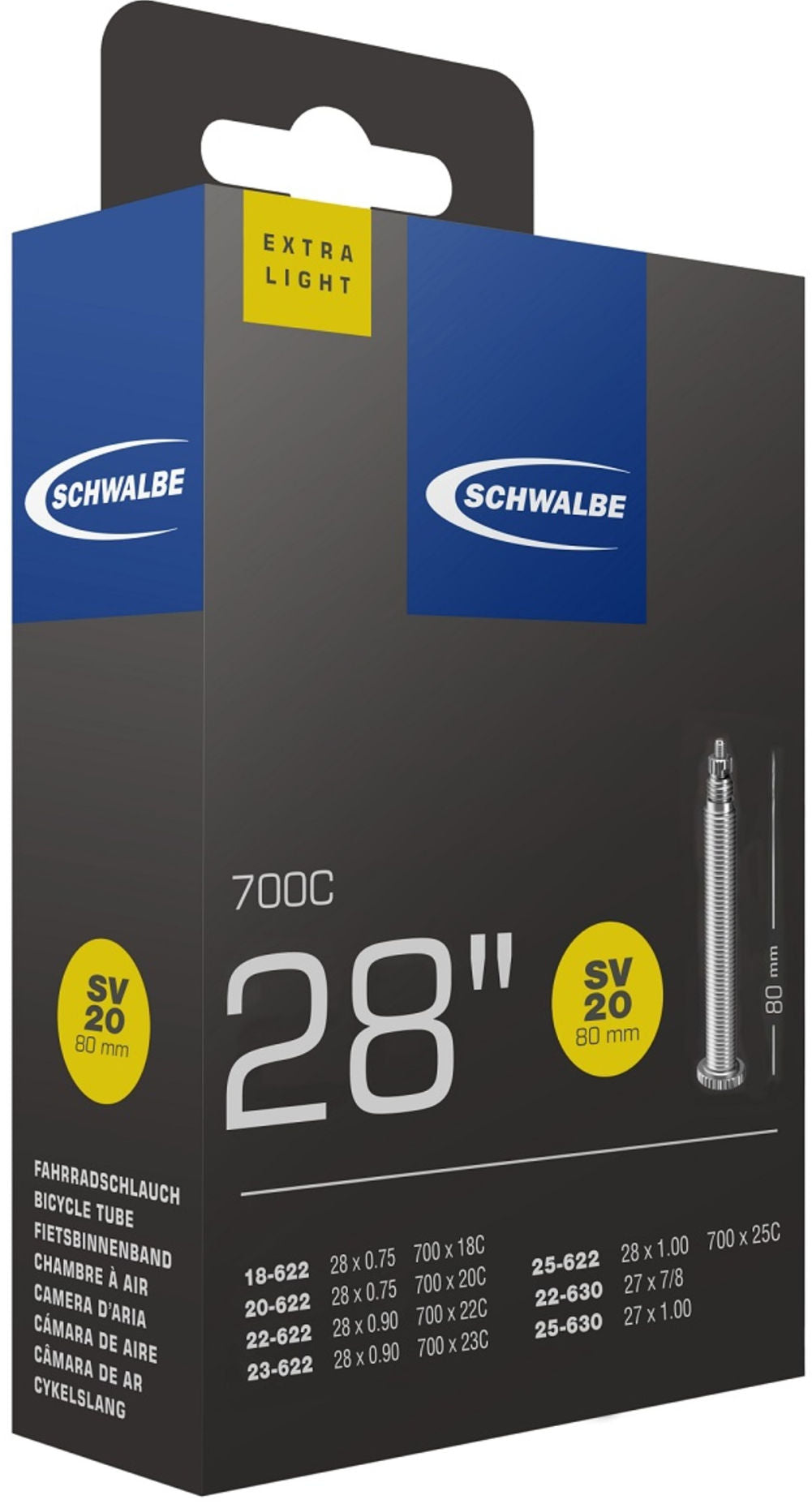 Tube intérieur de Schwalbe 27 28 x 0,75 1,00 (18 25-622 630) FV 80 mm