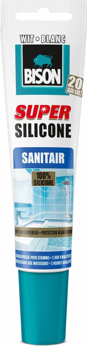 Bison super silicone sanitaire blanc tube 150 ml, mastic silicone résistant à l'eau, protection longue durée des couleurs, insensible aux moisissures, facile à traiter