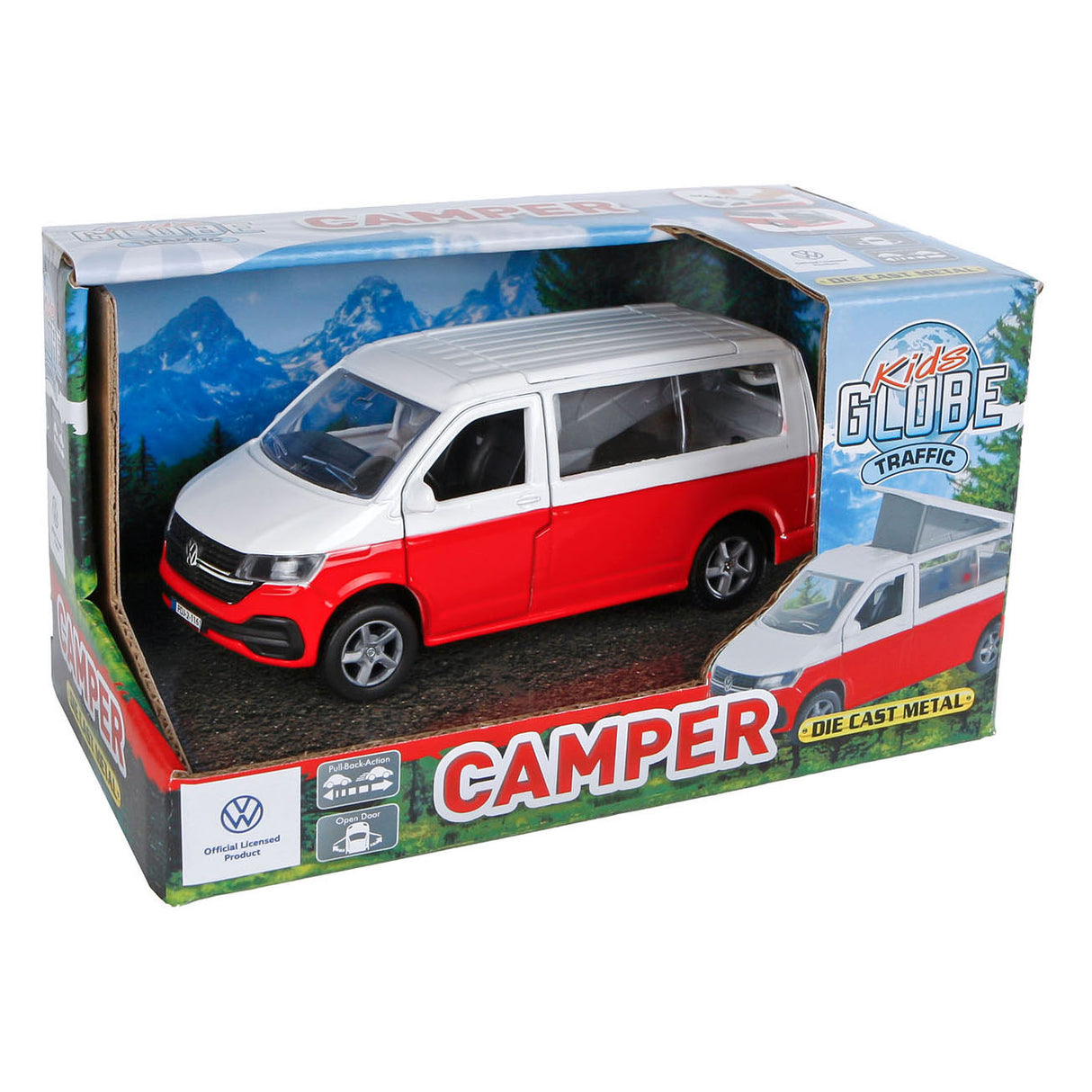 Kids globe vw transporter camper die-cast pull back, 13,5cm