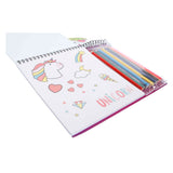 Unicorn Faarfbuch mat 12 Bleistift, Schabloune a Stickeren