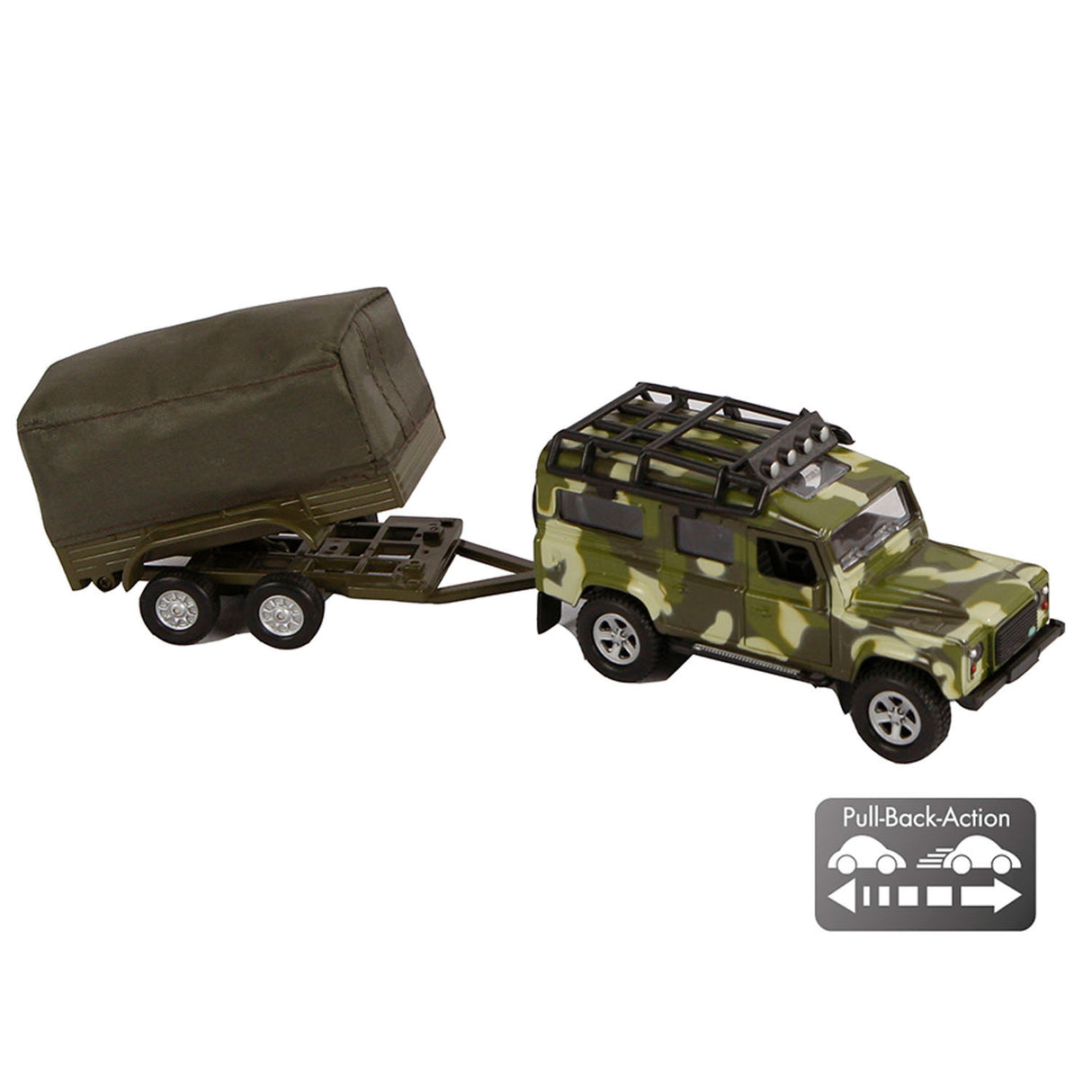 Kids Globe Die Cast Land Rover mit Trailer Army, 27 cm