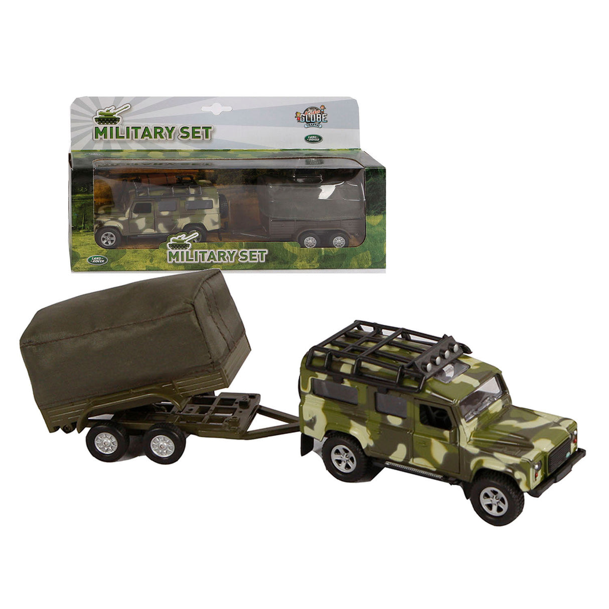 Kids Globe Die Cast Land Rover mit Trailer Army, 27 cm