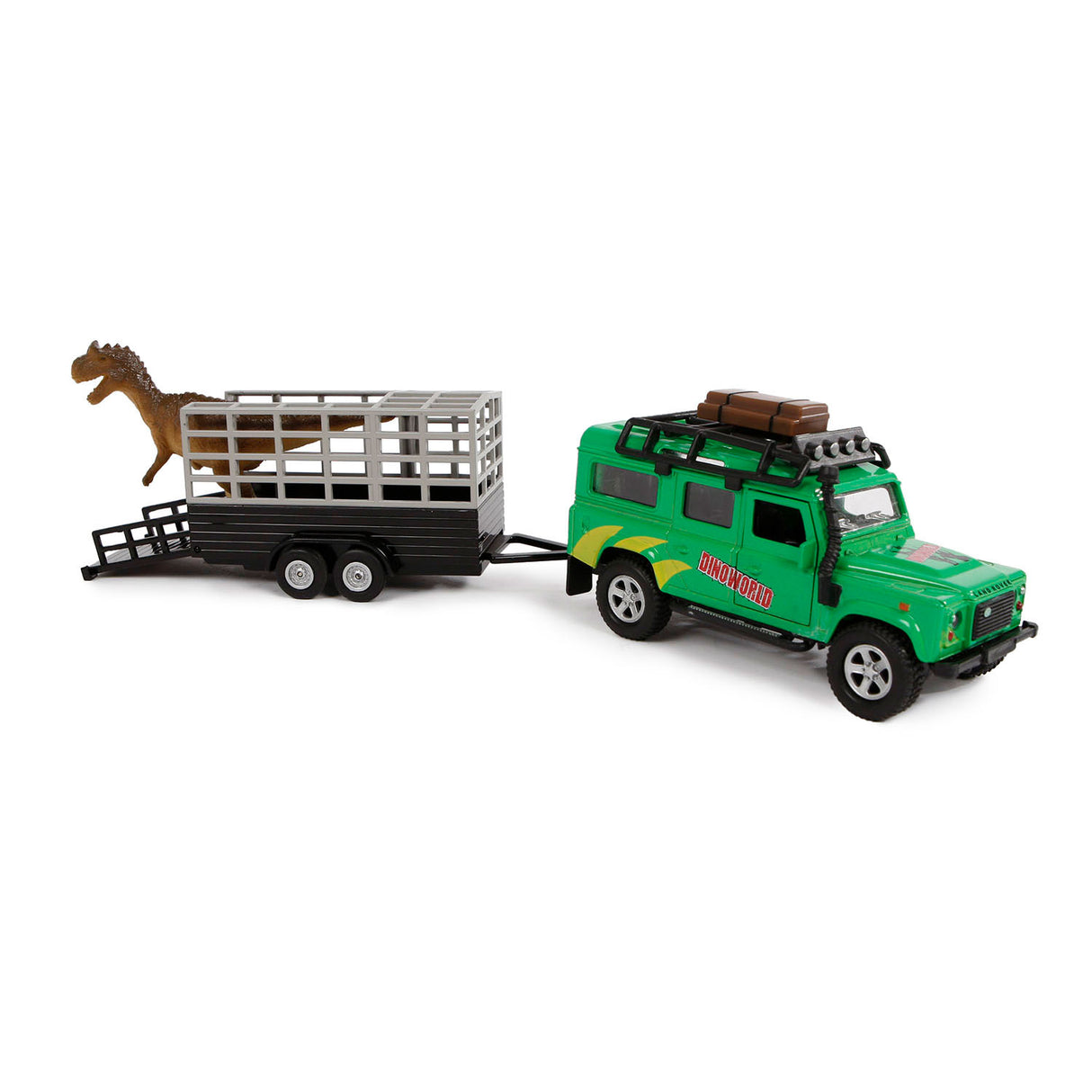 Kids Globe Die Cast Land Rover con Dino-Trailer, 29 cm