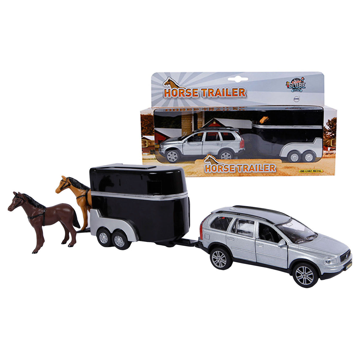 Kids Globe Globe Die Cast Volvo XC90 con remolque de caballos, 27 cm