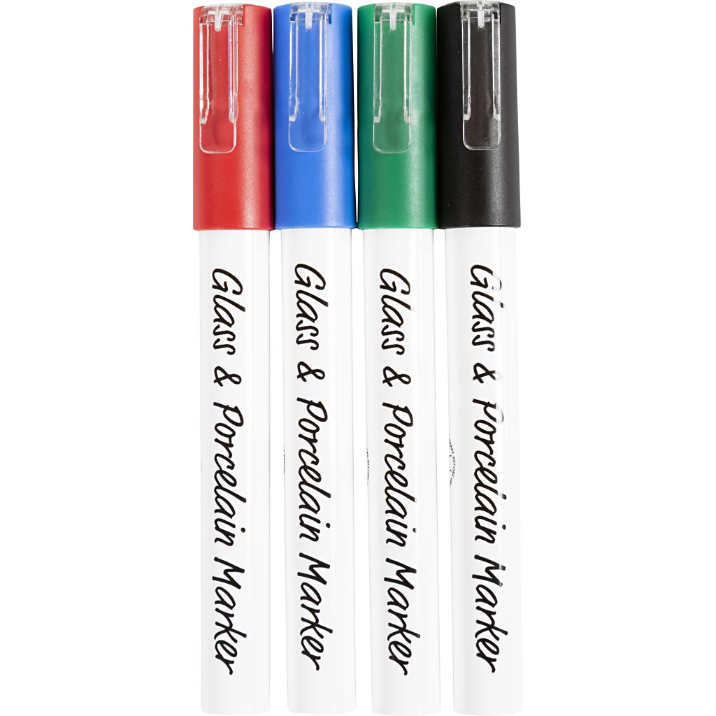 Société Creativ https : www.cchobby.nl marqueurs verre-porcelaine-épaisseur de ligne-1-2-mm-semi-opaque-noir-bleu-vert-rouge-4-pièces-1-boîte