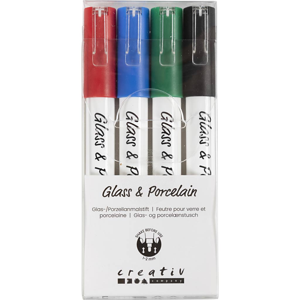 Société Creativ https : www.cchobby.nl marqueurs verre-porcelaine-épaisseur de ligne-1-2-mm-semi-opaque-noir-bleu-vert-rouge-4-pièces-1-boîte