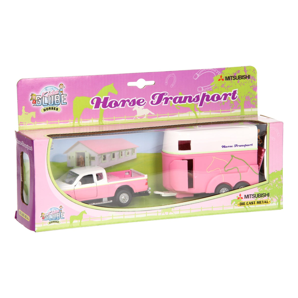 Kids Globe Die Castion Cart With Horse Trailer Pink, 1:32