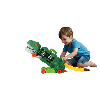 Jouets dinosaures transporteur Kiddygo sans marque avec 2 voitures moulées sous pression et piste de course.
