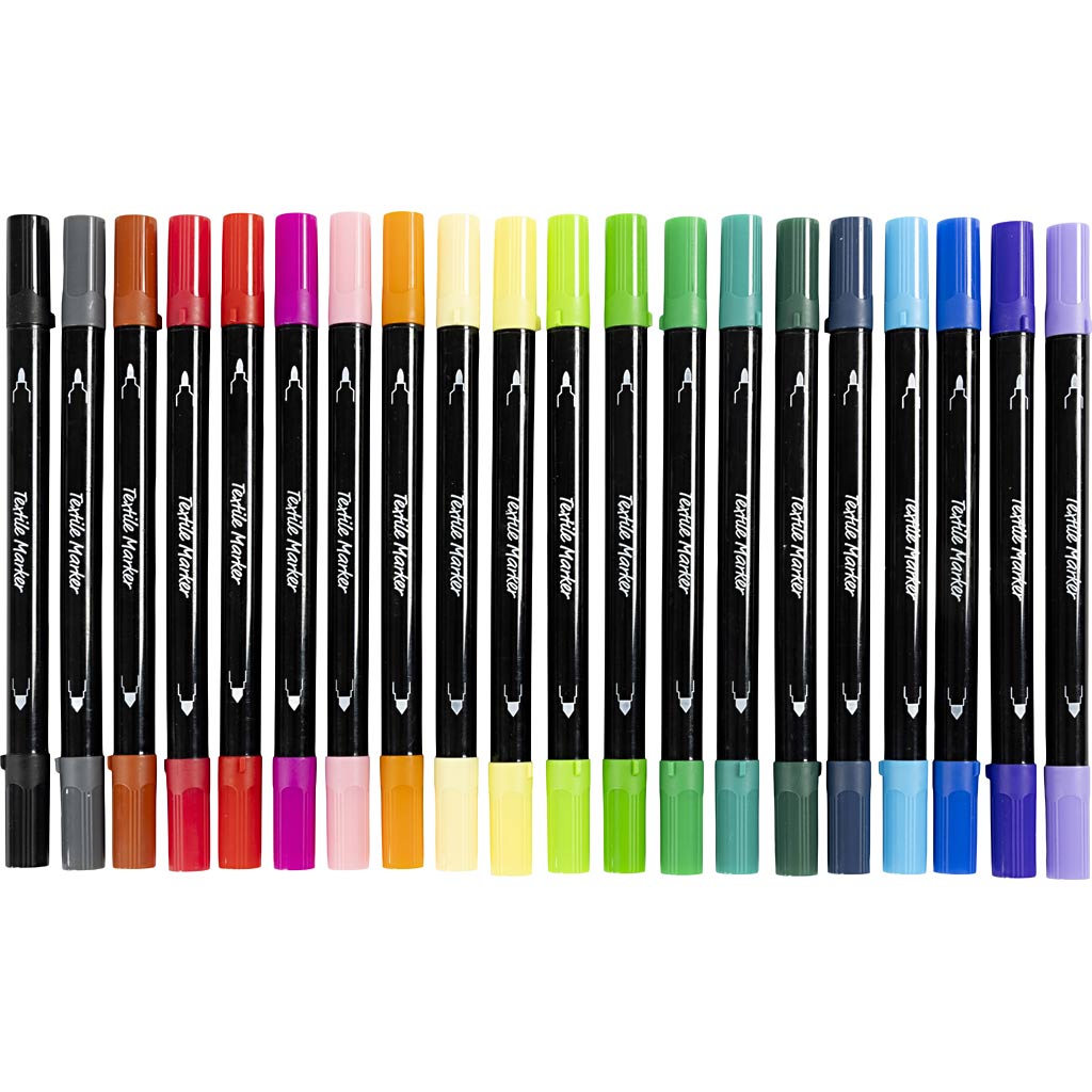 Marqueurs textiles Creativ company, largeur de trait 2,3 + 3,6 mm, couleurs standards, 20 pièces, 1 boîte