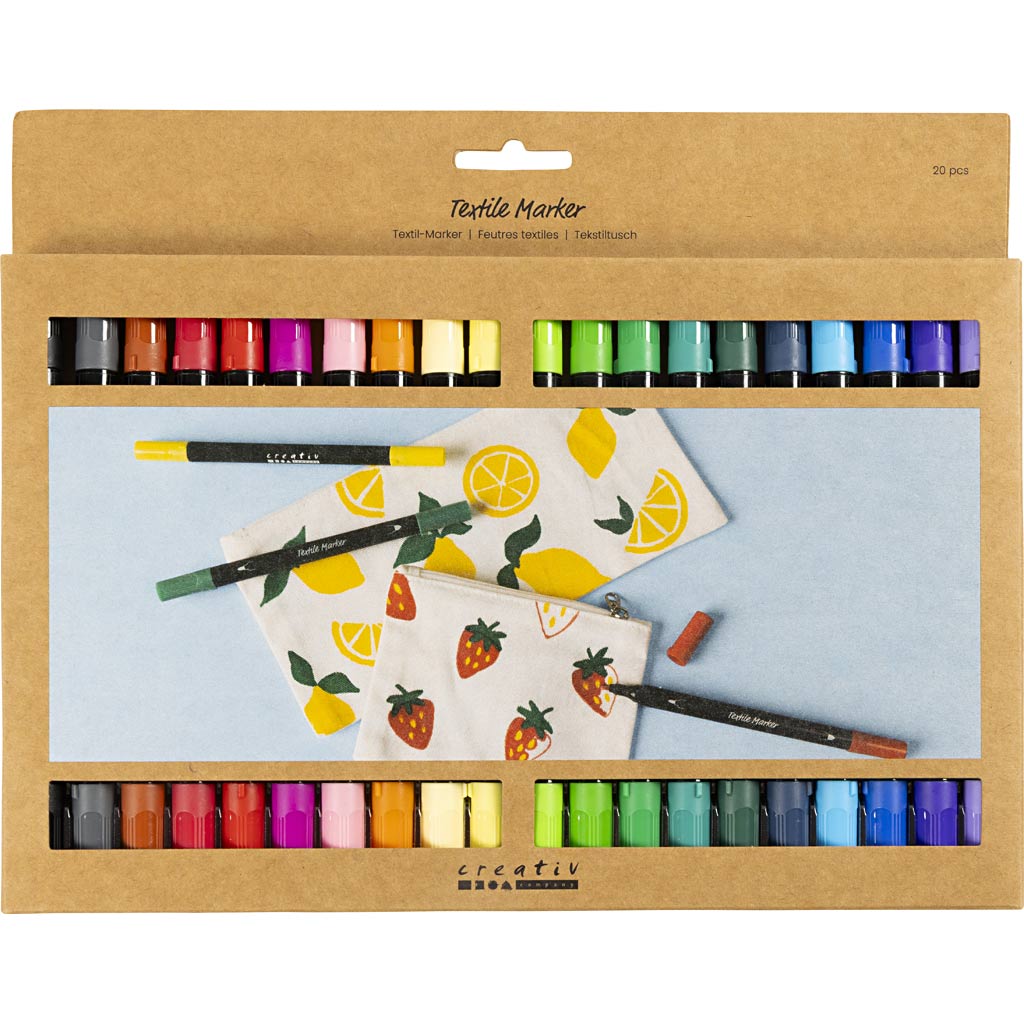 Marqueurs textiles Creativ company, largeur de trait 2,3 + 3,6 mm, couleurs standards, 20 pièces, 1 boîte