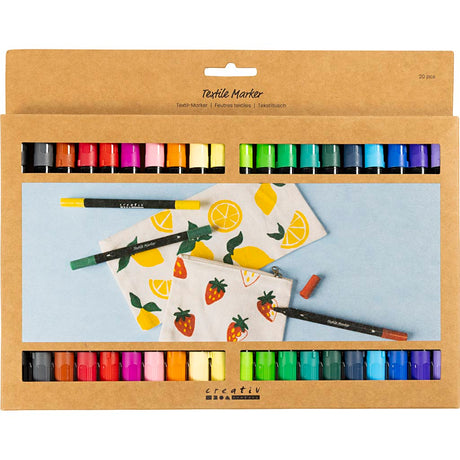 Marqueurs textiles Creativ company, largeur de trait 2,3 + 3,6 mm, couleurs standards, 20 pièces, 1 boîte