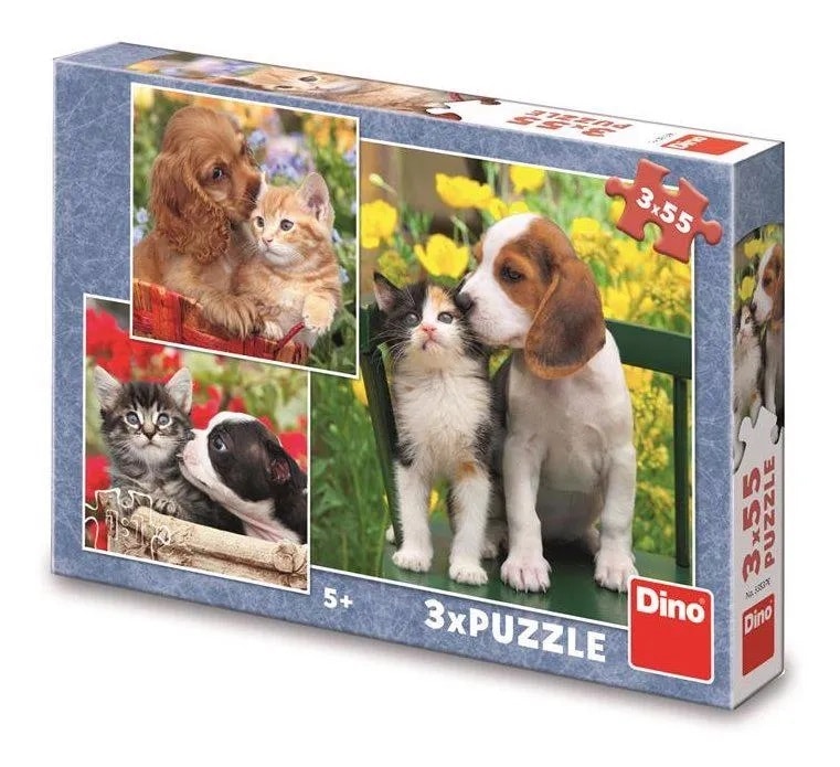 Puzzle Dinotoys - chat et chien - 3 x 55 pièces