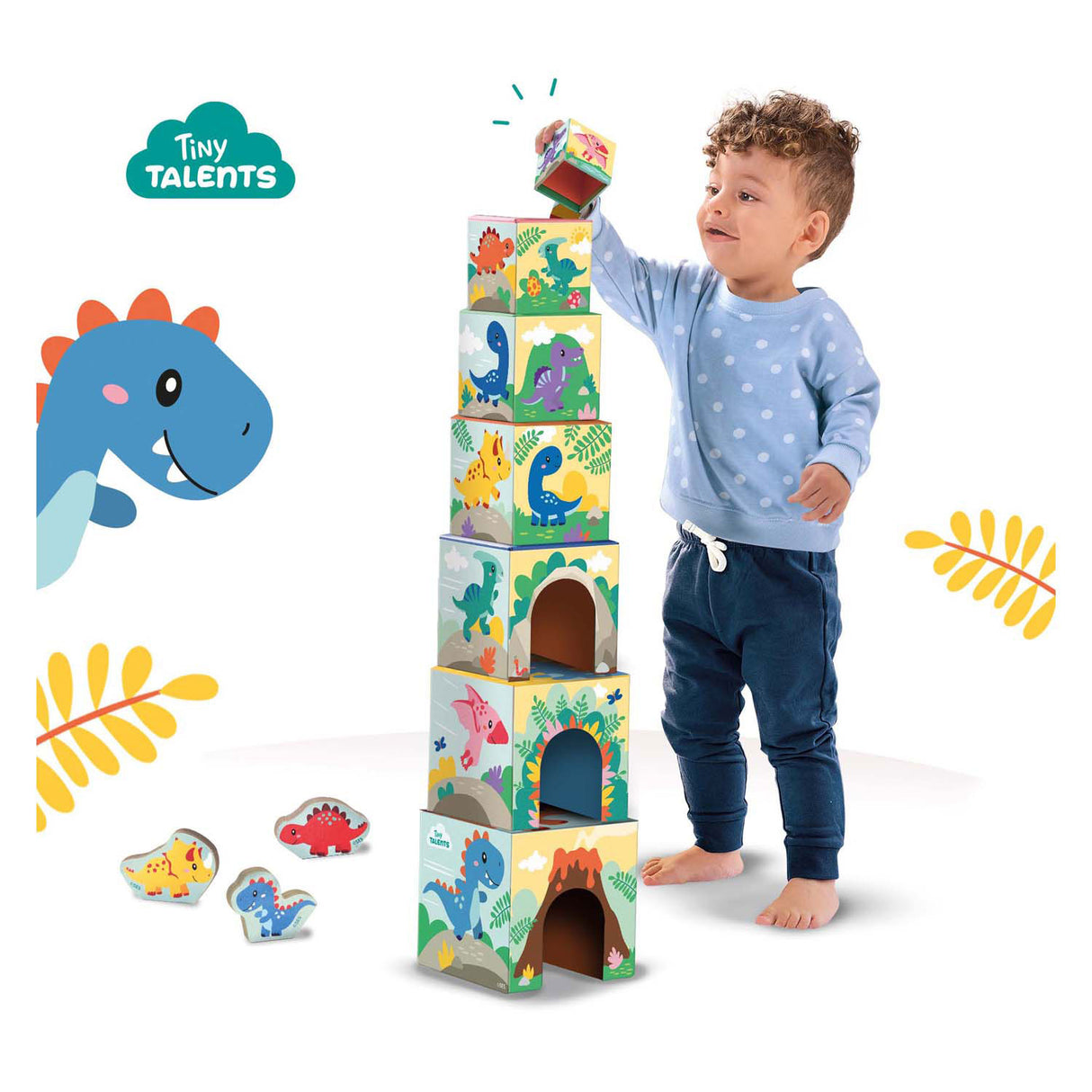 Tour à six blocs empilables avec figurines de dinosaures