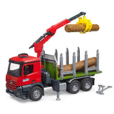 Camion forestier Bruder Mercedes-Benz Arocs avec bras de grue et 3 troncs d'arbres