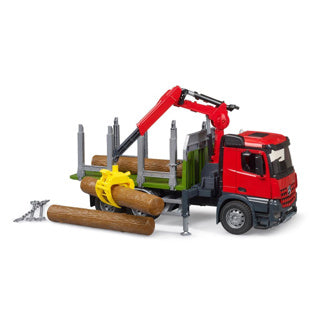 Camion forestier Bruder Mercedes-Benz Arocs avec bras de grue et 3 troncs d'arbres