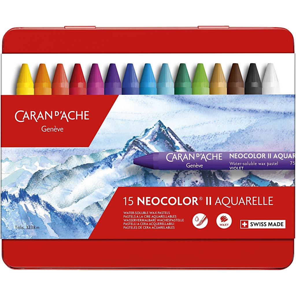 Caran dache caran d'ache neocolor ii, l : 10 cm, épaisseur 8,5 mm, divers coloris, 15 pièces 1 boîte