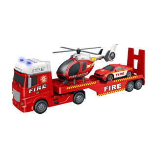 Transporteur de voitures à roues rapides pompiers avec voiture et hélicoptère avec lumière, son et friction