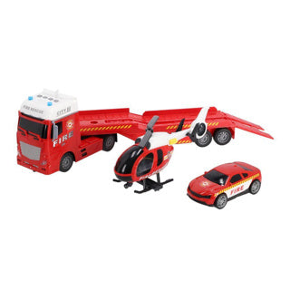 Transporteur de voitures à roues rapides pompiers avec voiture et hélicoptère avec lumière, son et friction