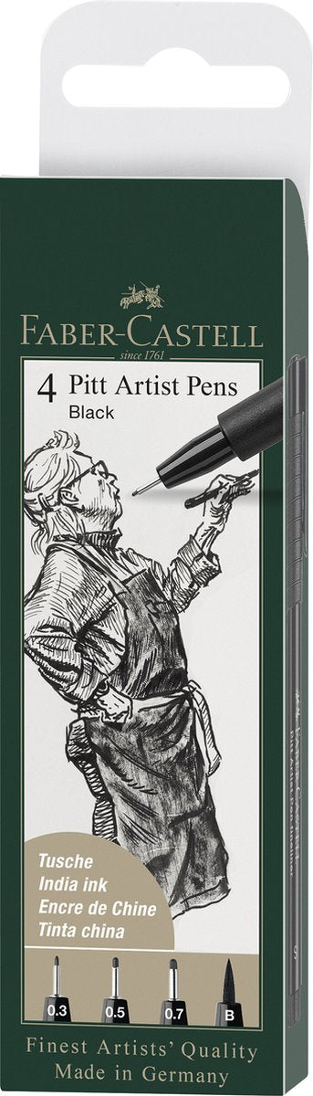 Faber-castell fineliner - stylo à dessin - fineliners + brushpen - pitt artiste stylo - 4 pièces - noir - fc-167100