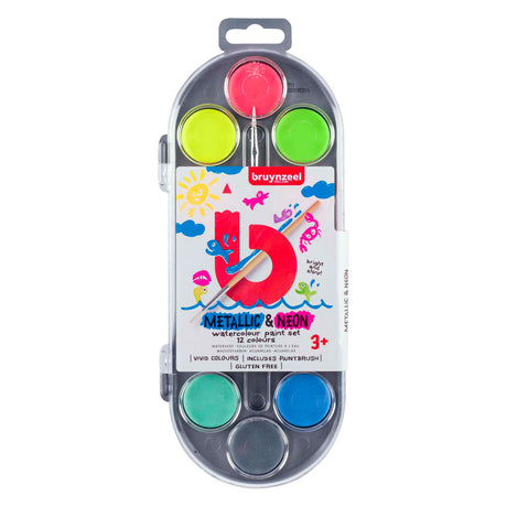 Ensemble d'aquarelles pour enfants Bruynzeel de 12 couleurs néon métalliques