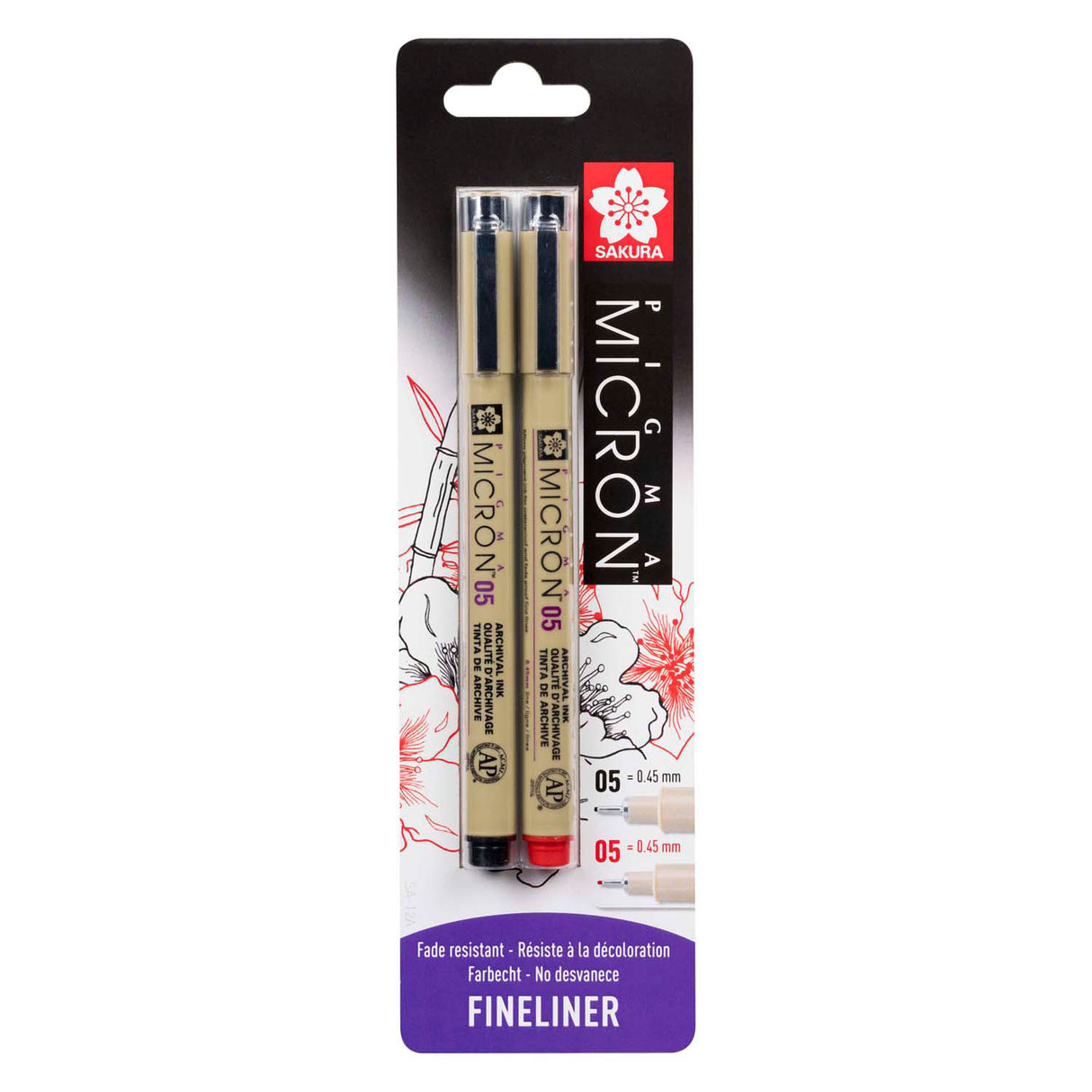 Sakura carte blister pigma micron 05 0,45 mm noir, rouge, 2 pcs.