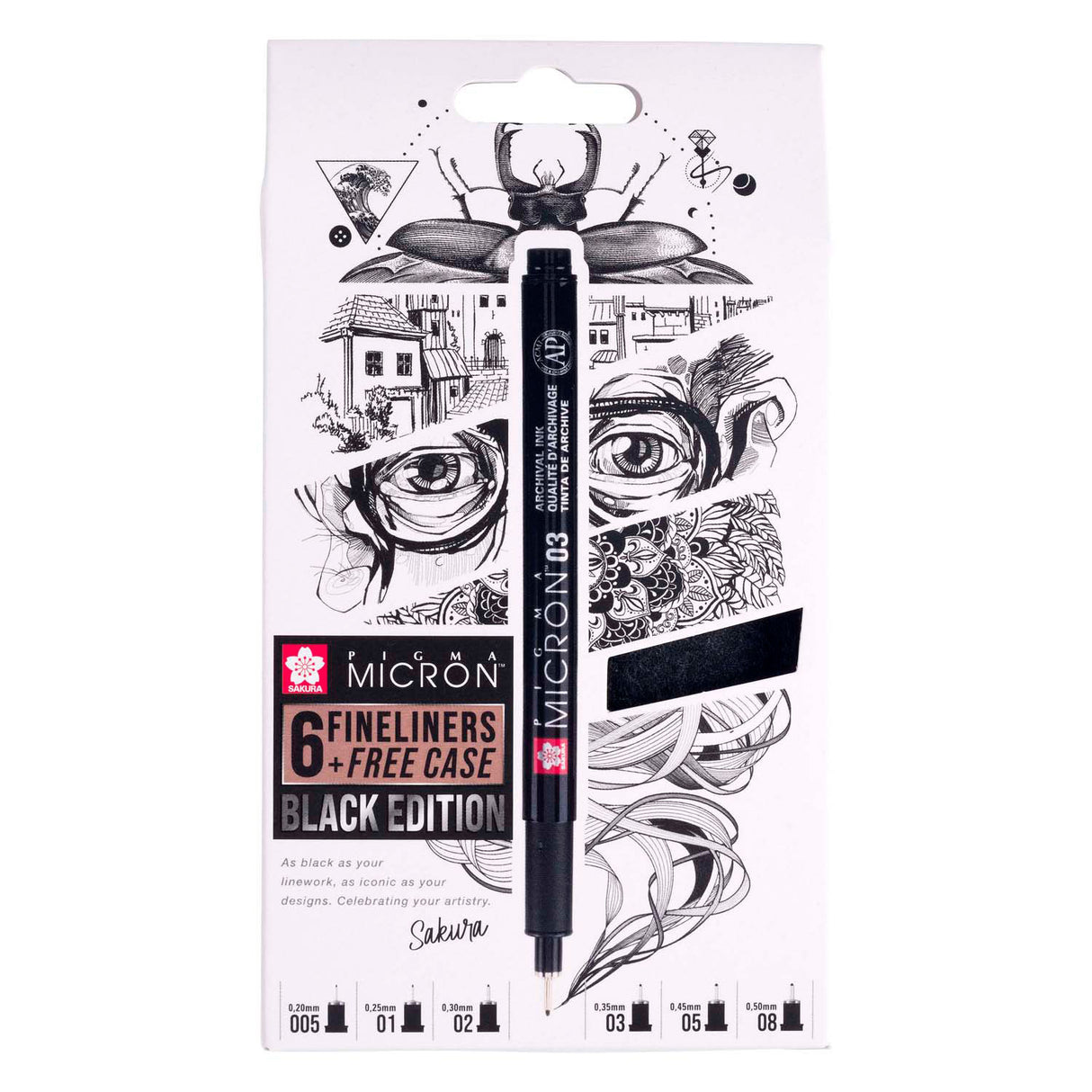 Sakura pigma micron black edition, ensemble et étui gratuit, 6 pièces