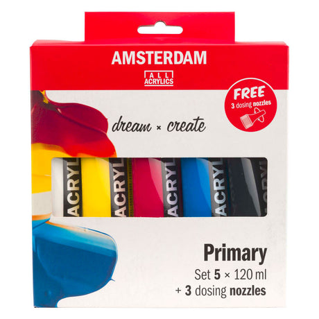 Ensemble primaire de peinture acrylique série standard Amsterdam | 5 x 120 ml + 3 becs doseurs